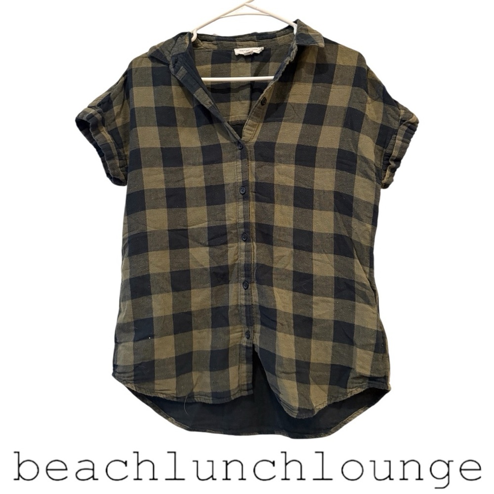 Beachlunchlounge Black and Army Green Checkered Shirt, Small